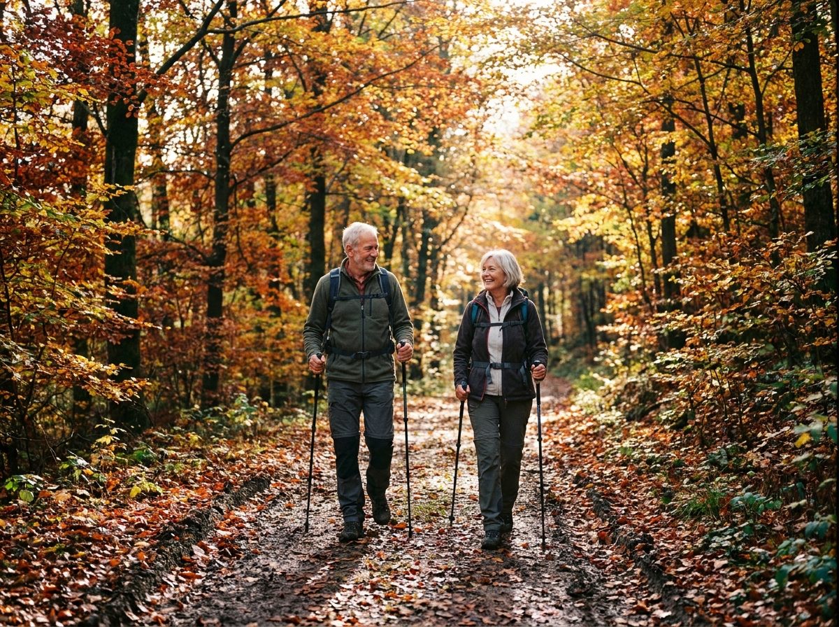 Older couple hiking on a forest trail
